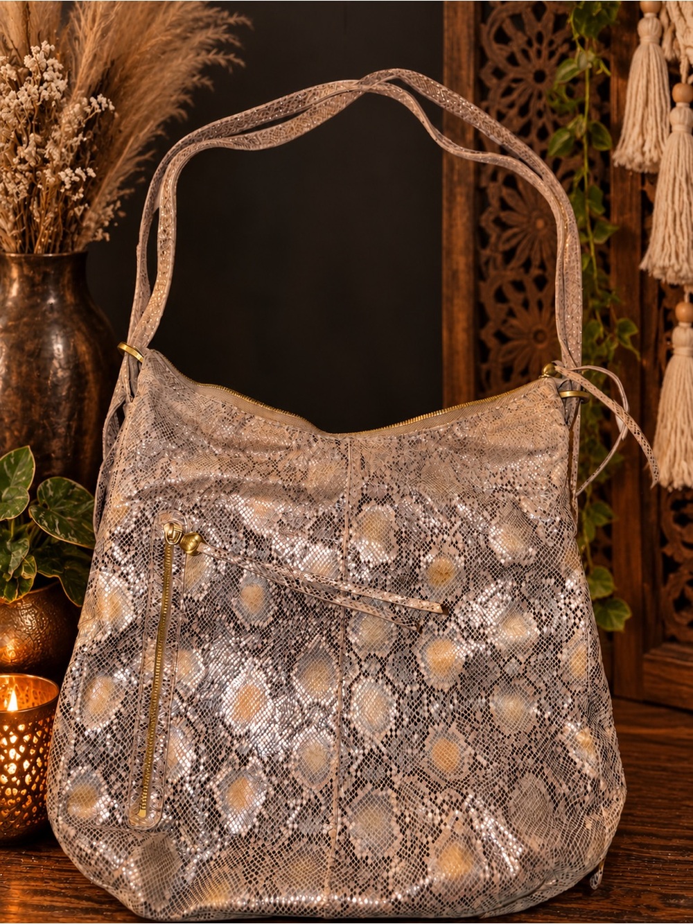 HOBO Convertible Metallic Snakeskin Leather Hobo Backpack Shoulder Bag